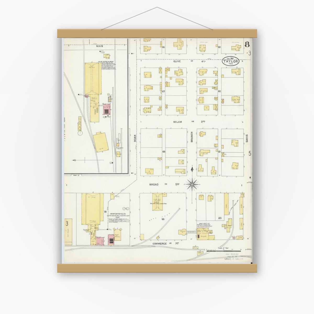 Old map wall art mockup — magnetic wood frame on white wall — Sanborn Fire Insurance Map from Taylor, Williamson County, Texas (1904), Sheet #0008
