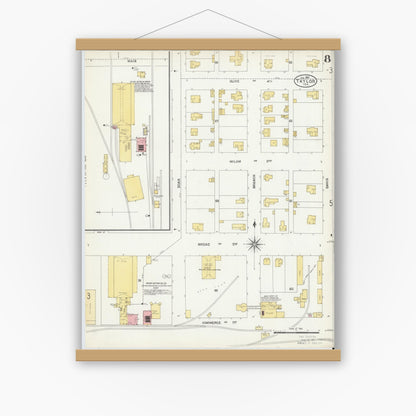 Old map wall art mockup — magnetic wood frame on white wall — Sanborn Fire Insurance Map from Taylor, Williamson County, Texas (1904), Sheet #0008