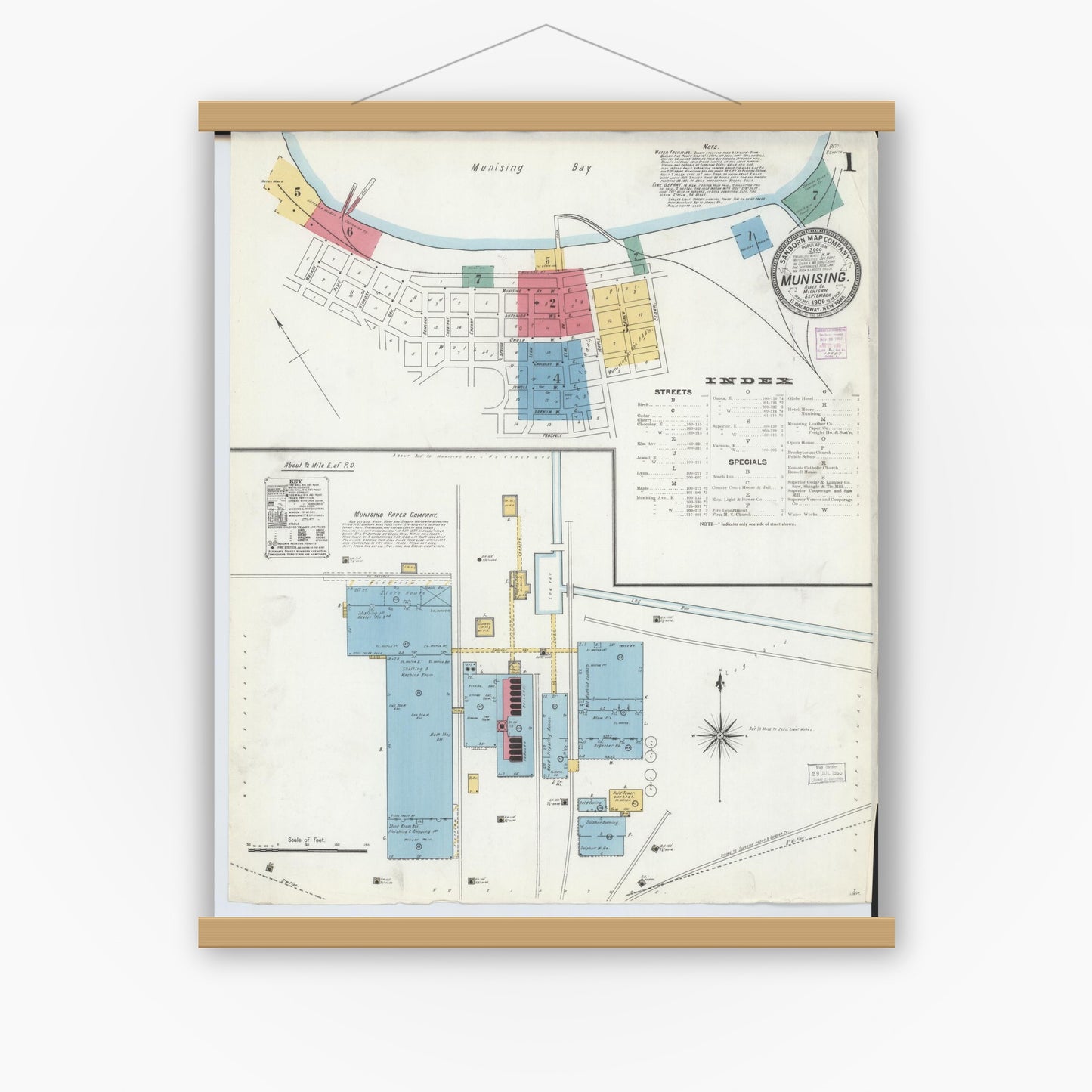 Old map wall art mockup — magnetic wood frame on white wall — Sanborn Fire Insurance Map from Munising, Alger County, Michigan (1906) - Complete Map Set