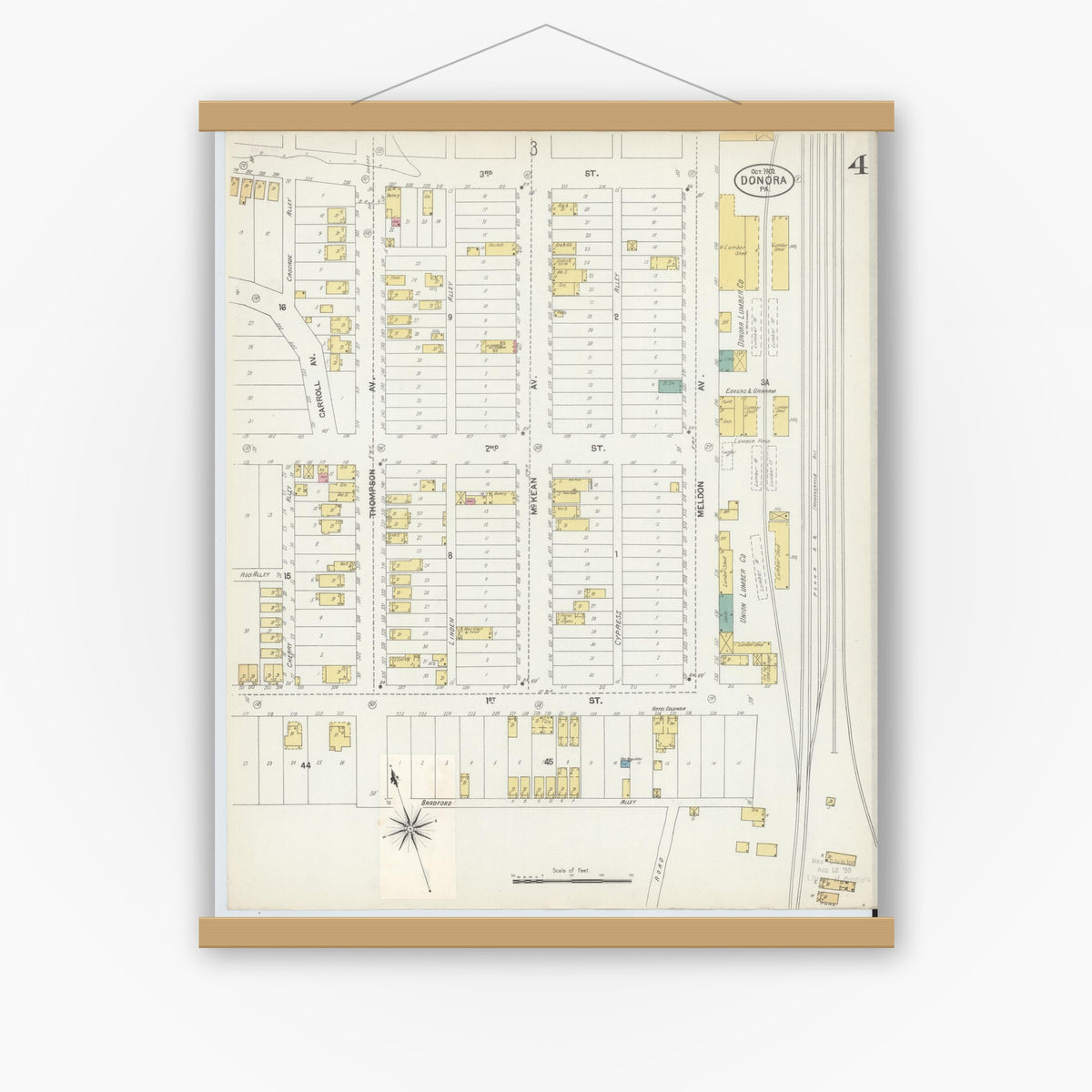 Old map wall art mockup — magnetic wood frame on white wall — Sanborn Fire Insurance Map from Donora, Washington County, Pennsylvania (1902), Sheet #0004