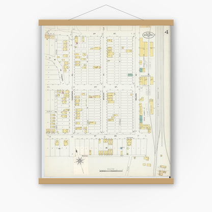 Old map wall art mockup — magnetic wood frame on white wall — Sanborn Fire Insurance Map from Donora, Washington County, Pennsylvania (1902), Sheet #0004
