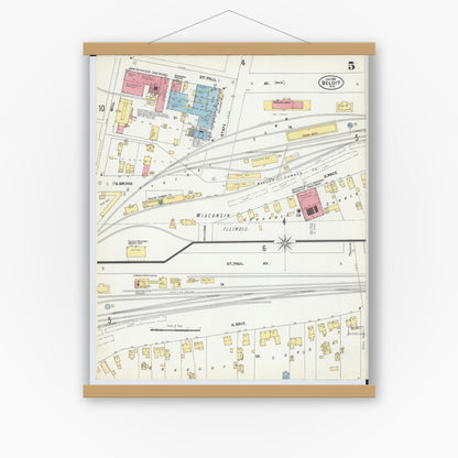 Old map wall art mockup — magnetic wood frame on white wall — Sanborn Fire Insurance Map from Beloit, Rock County, Wisconsin (1902), Sheet #0005