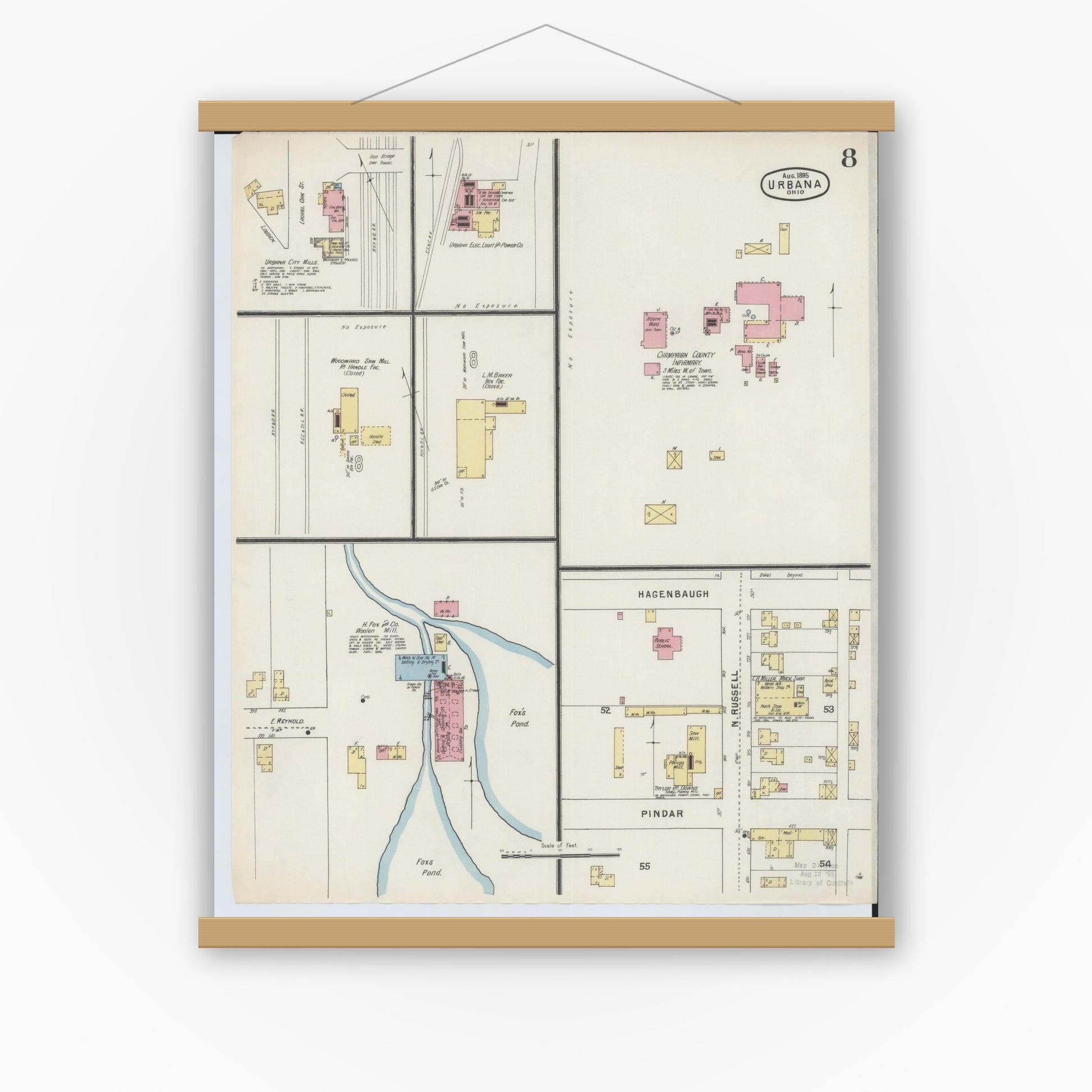 Old map wall art mockup — magnetic wood frame on white wall — Sanborn Fire Insurance Map from Urbana, Champaign County, Ohio (1895), Sheet #0008