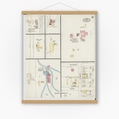 Old map wall art mockup — magnetic wood frame on white wall — Sanborn Fire Insurance Map from Urbana, Champaign County, Ohio (1895), Sheet #0008