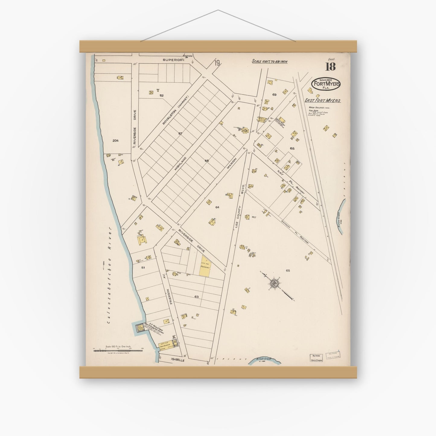 Old map wall art mockup — magnetic wood frame on white wall — Sanborn Fire Insurance Map from Fort Myers, Lee County, Florida (1922), Sheet #0018