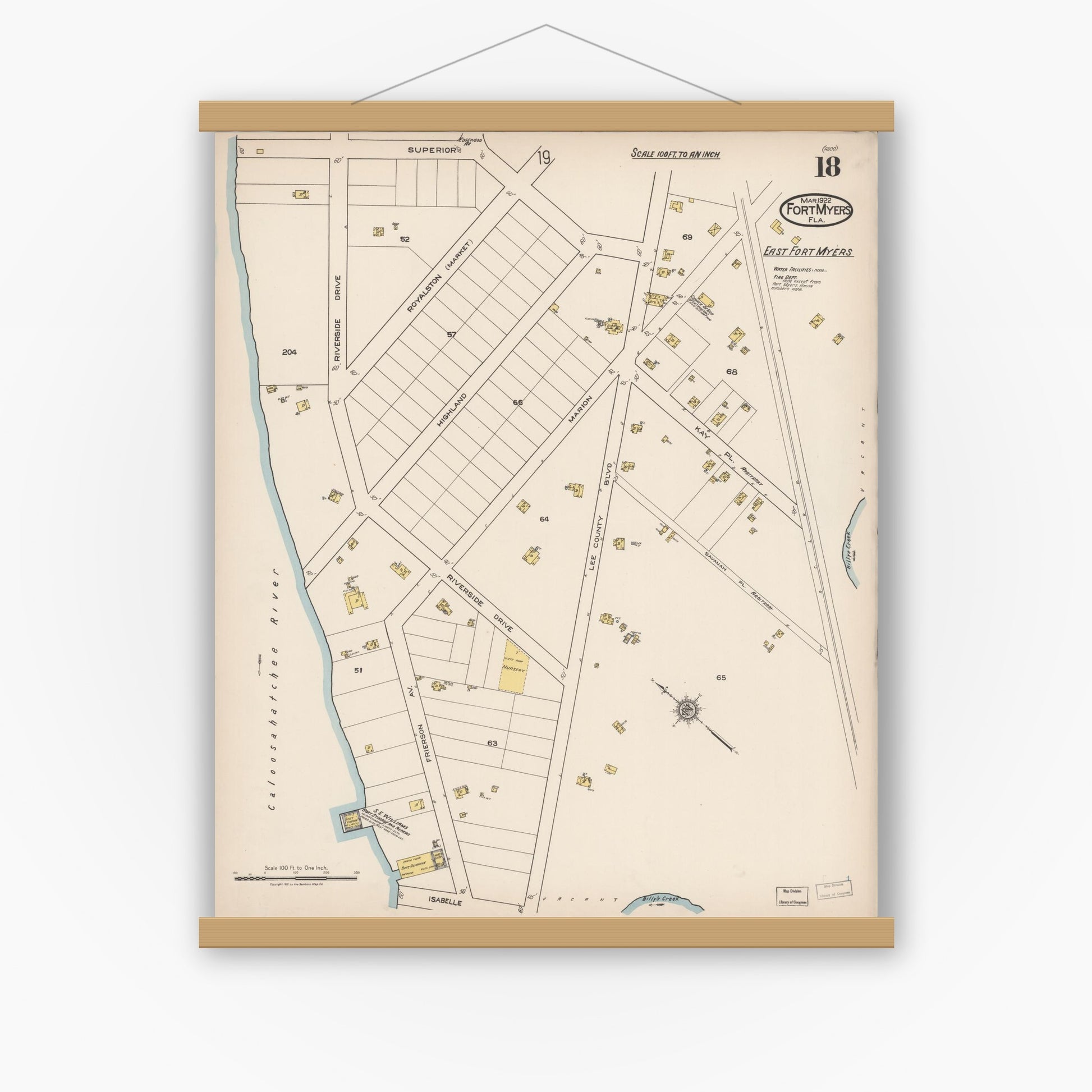 Old map wall art mockup — magnetic wood frame on white wall — Sanborn Fire Insurance Map from Fort Myers, Lee County, Florida (1922), Sheet #0018