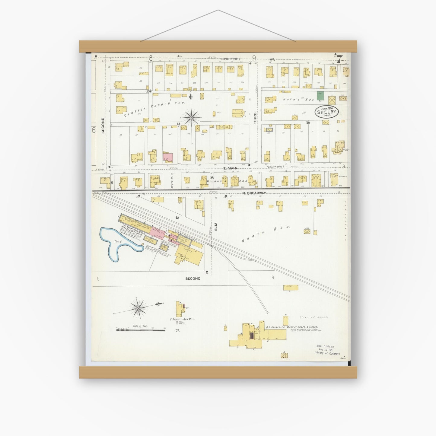 Old map wall art mockup — magnetic wood frame on white wall — Sanborn Fire Insurance Map from Shelby, Richland County, Ohio (1904), Sheet #0007
