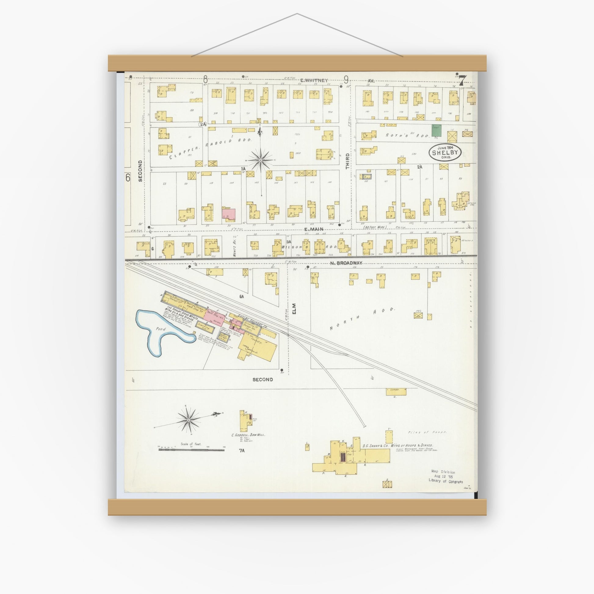 Old map wall art mockup — magnetic wood frame on white wall — Sanborn Fire Insurance Map from Shelby, Richland County, Ohio (1904), Sheet #0007