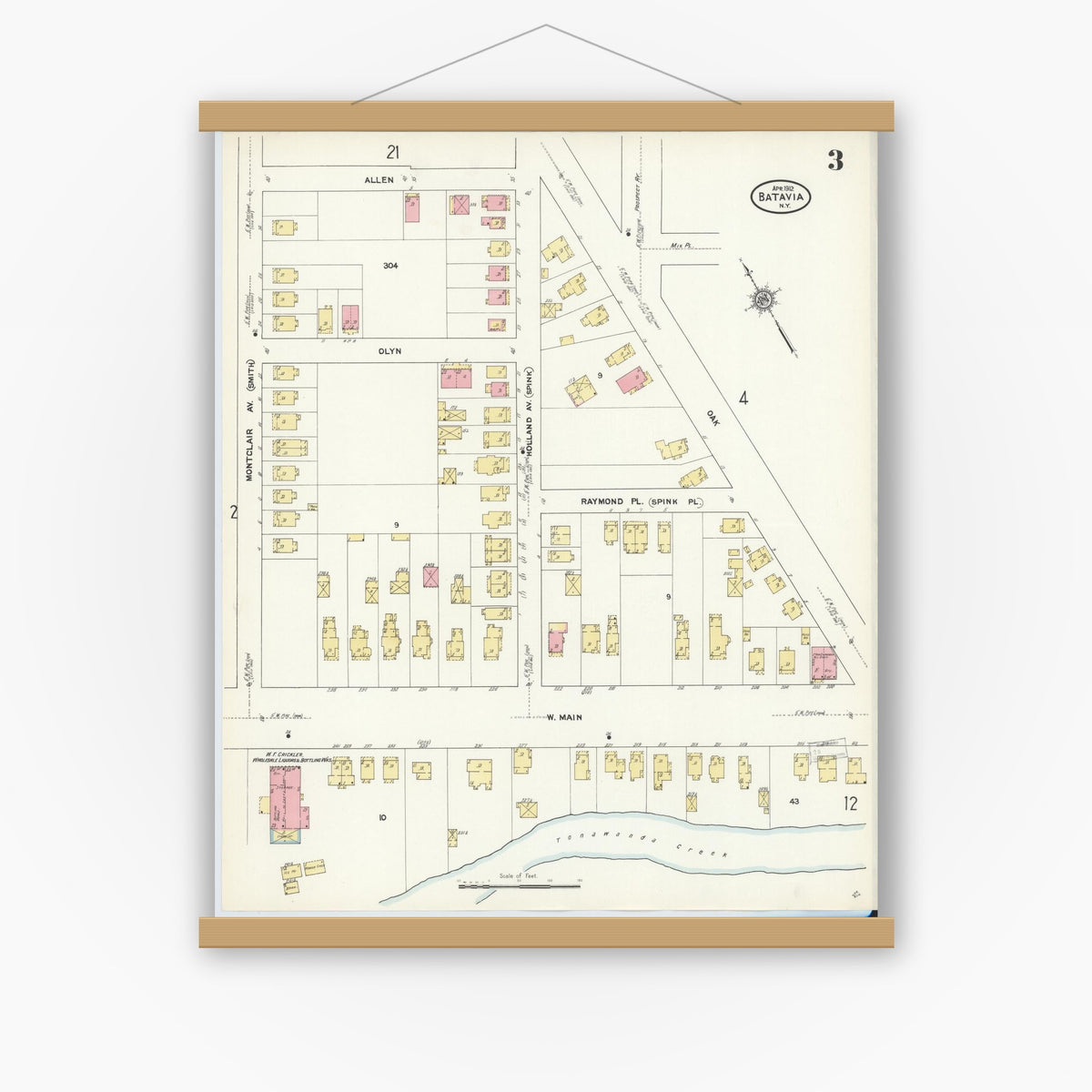 Old map wall art mockup — magnetic wood frame on white wall — Sanborn Fire Insurance Map from Batavia, Genesee County, New York (1912), Sheet #0003