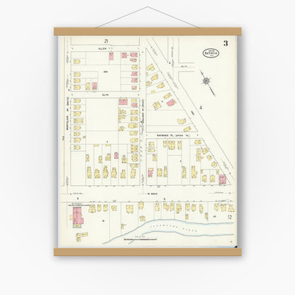 Old map wall art mockup — magnetic wood frame on white wall — Sanborn Fire Insurance Map from Batavia, Genesee County, New York (1912), Sheet #0003