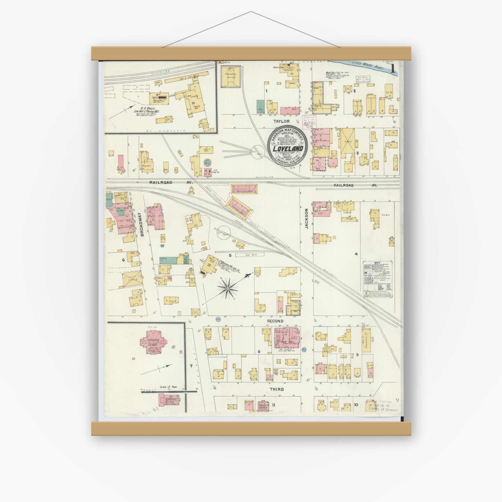 Old map wall art mockup — magnetic wood frame on white wall — Sanborn Fire Insurance Map from Loveland, Clermont, Hamilton, And Warren County, Ohio (1905), Sheet #0001
