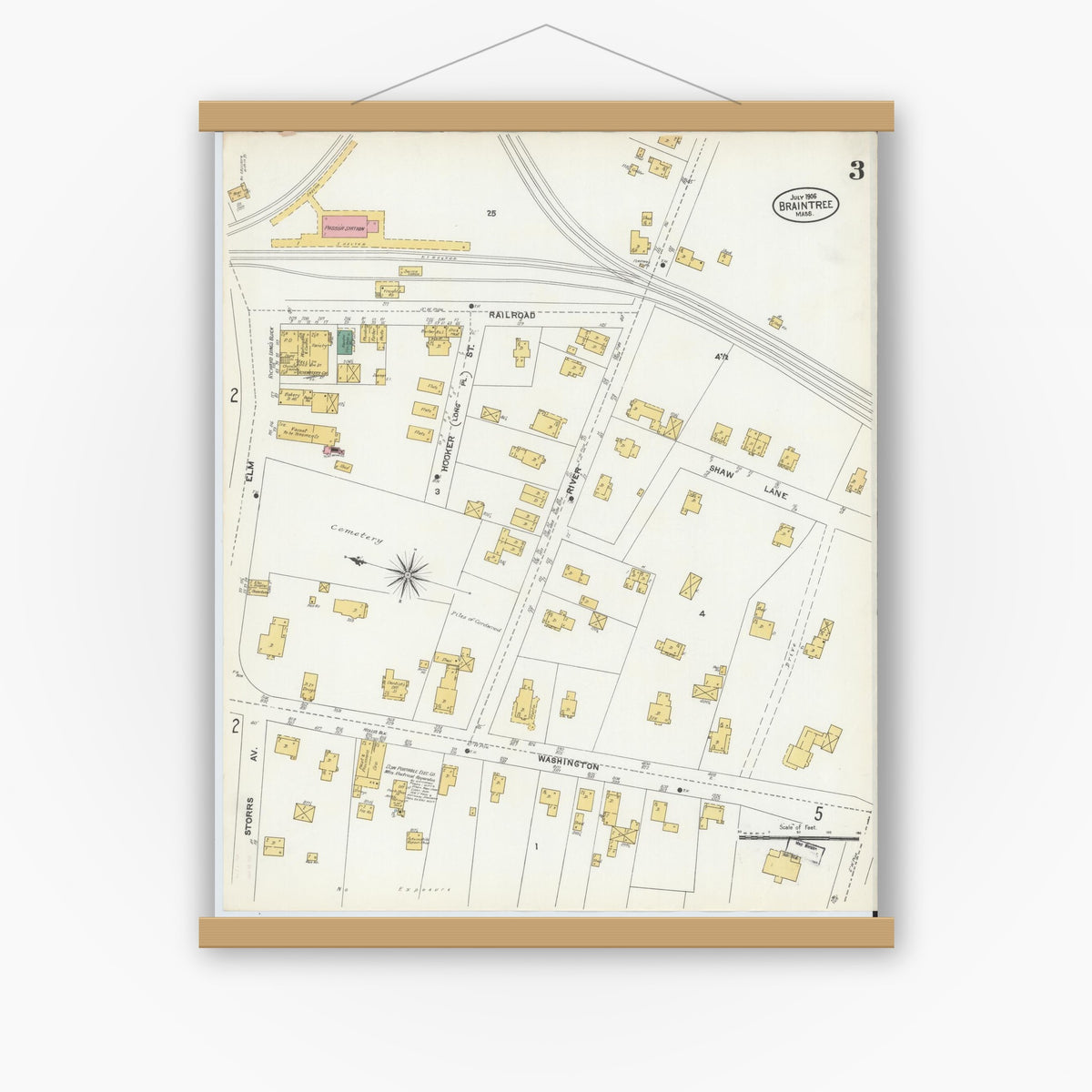 Old map wall art mockup — magnetic wood frame on white wall — Sanborn Fire Insurance Map from Braintree, Norfolk County, Massachusetts (1906), Sheet #0003