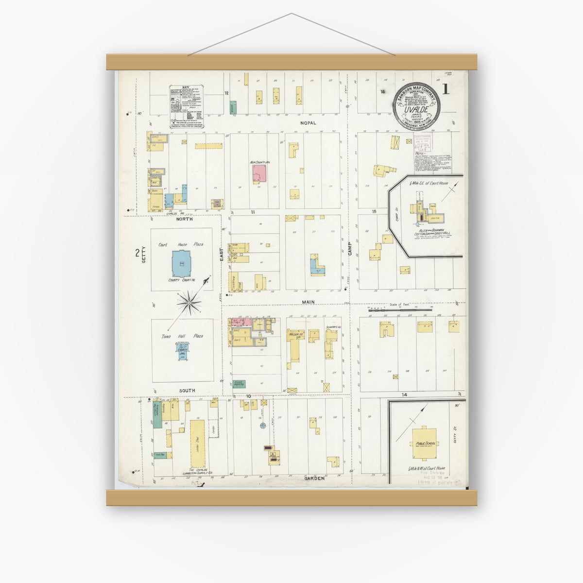 Old map wall art mockup — magnetic wood frame on white wall — Sanborn Fire Insurance Map from Uvalde, Uvalde County, Texas (1905), Sheet #0001