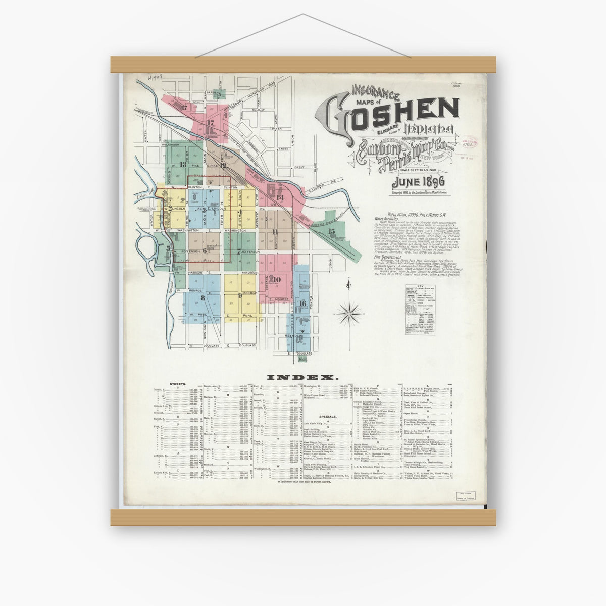 Old map wall art mockup — magnetic wood frame on white wall — Sanborn Fire Insurance Map from Goshen, Elkhart County, Indiana (1896) - Complete Map Set