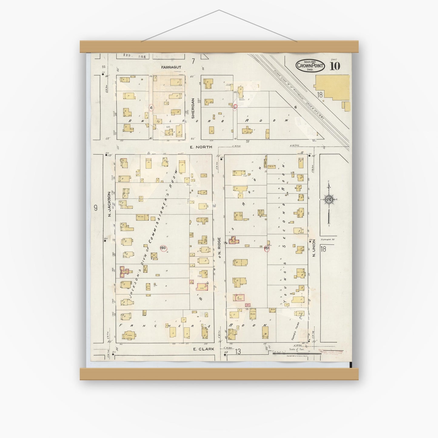 Old map wall art mockup — magnetic wood frame on white wall — Sanborn Fire Insurance Map from Crown Point, Lake County, Indiana (1948), Sheet #0010