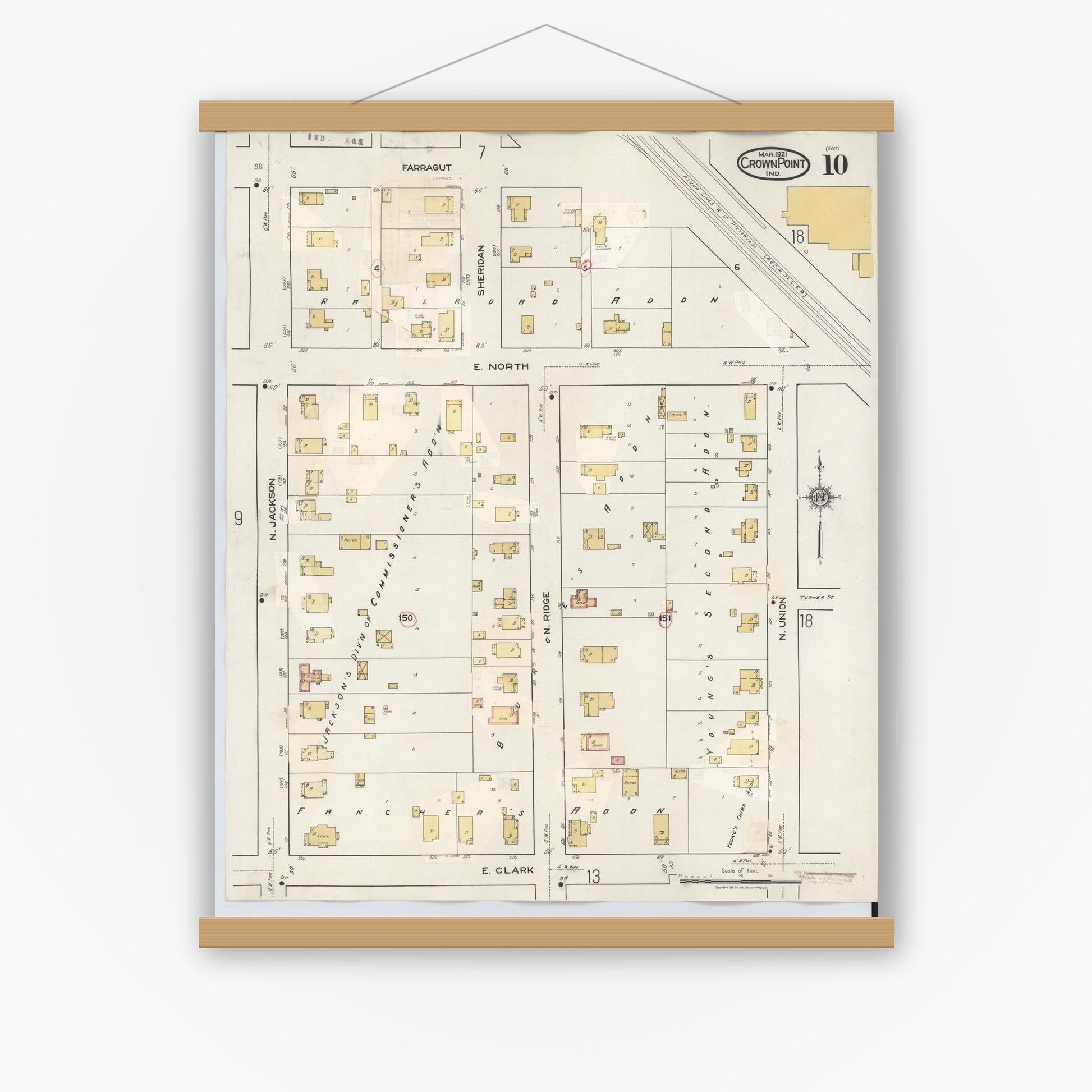 Old map wall art mockup — magnetic wood frame on white wall — Sanborn Fire Insurance Map from Crown Point, Lake County, Indiana (1948), Sheet #0010