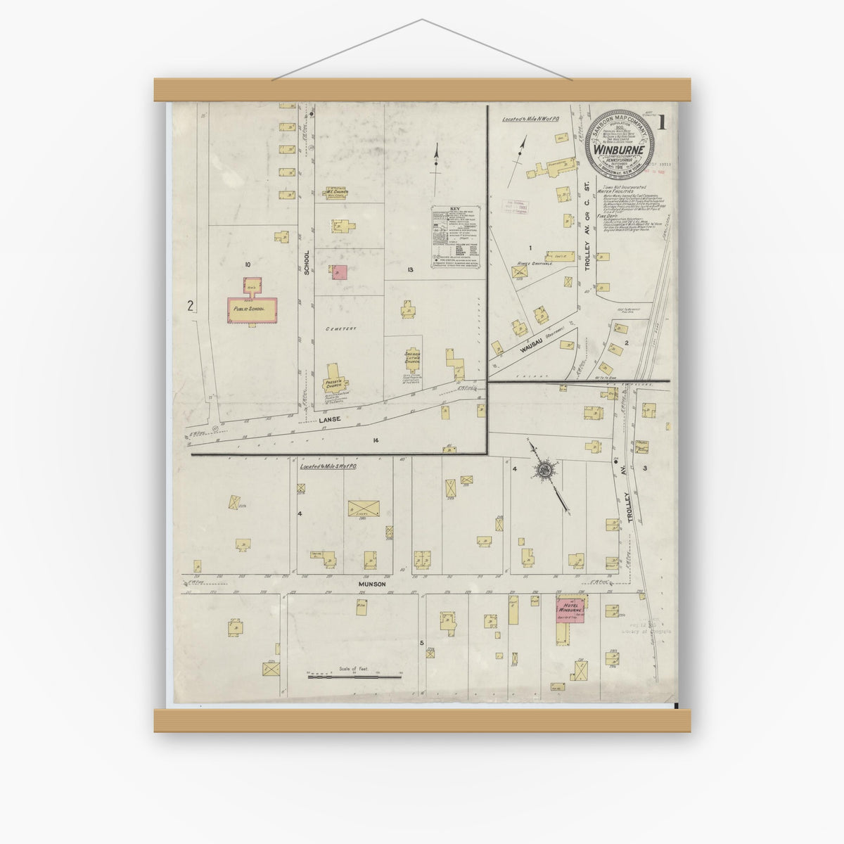 Old map wall art mockup — magnetic wood frame on white wall — Sanborn Fire Insurance Map from Winburne, Clearfield County, Pennsylvania (1911) - Complete Map Set