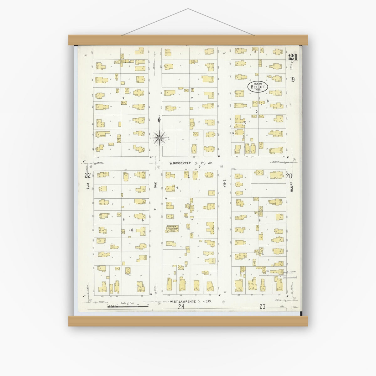 Old map wall art mockup — magnetic wood frame on white wall — Sanborn Fire Insurance Map from Beloit, Rock County, Wisconsin (1908), Sheet #0021