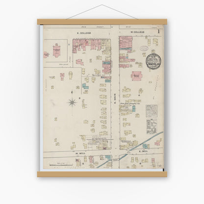 Old map wall art mockup — magnetic wood frame on white wall — Sanborn Fire Insurance Map from Oberlin, Lorain County, Ohio (1884), Sheet #0001