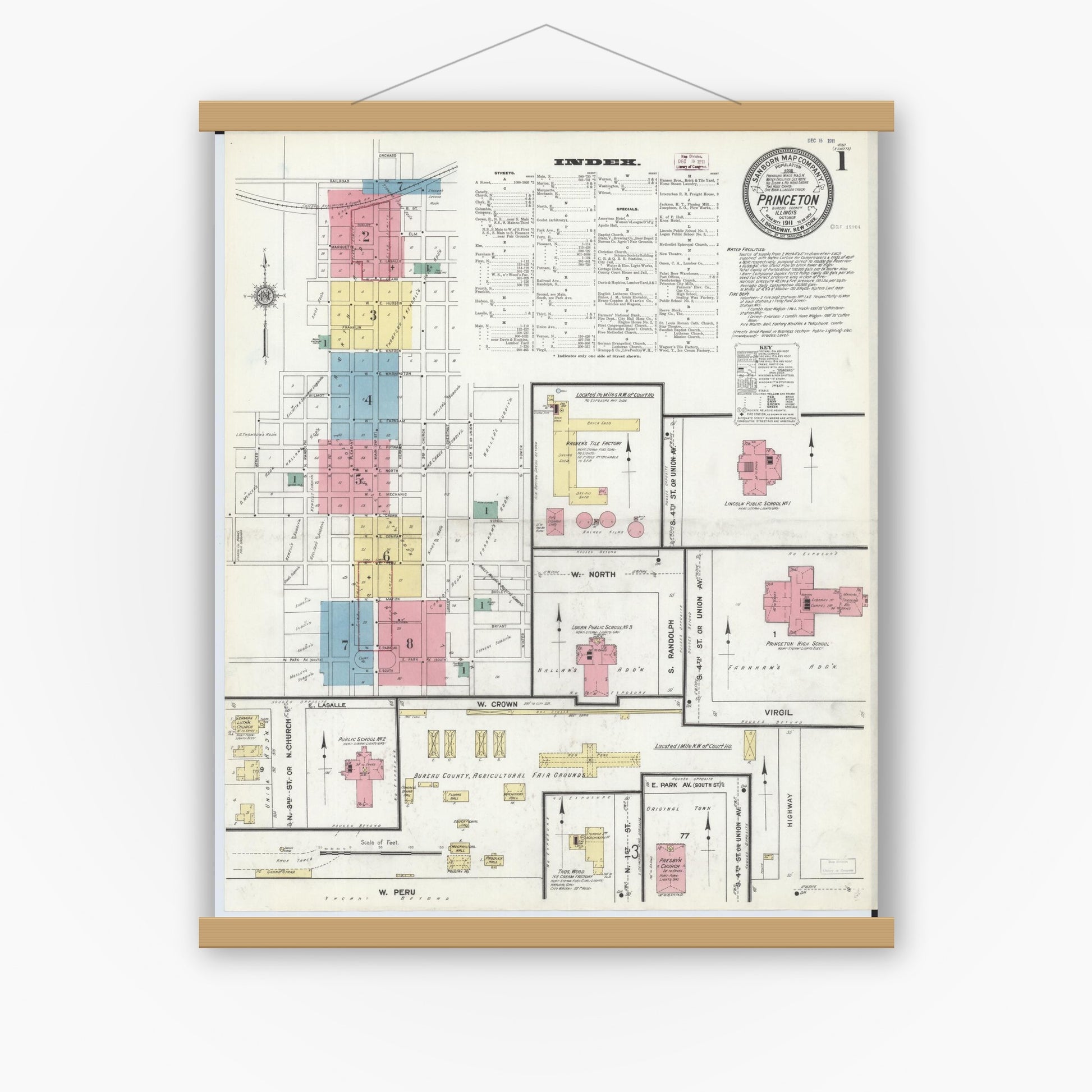 Old map wall art mockup — magnetic wood frame on white wall — Sanborn Fire Insurance Map from Princeton, Bureau County, Illinois (1911), Sheet #0001