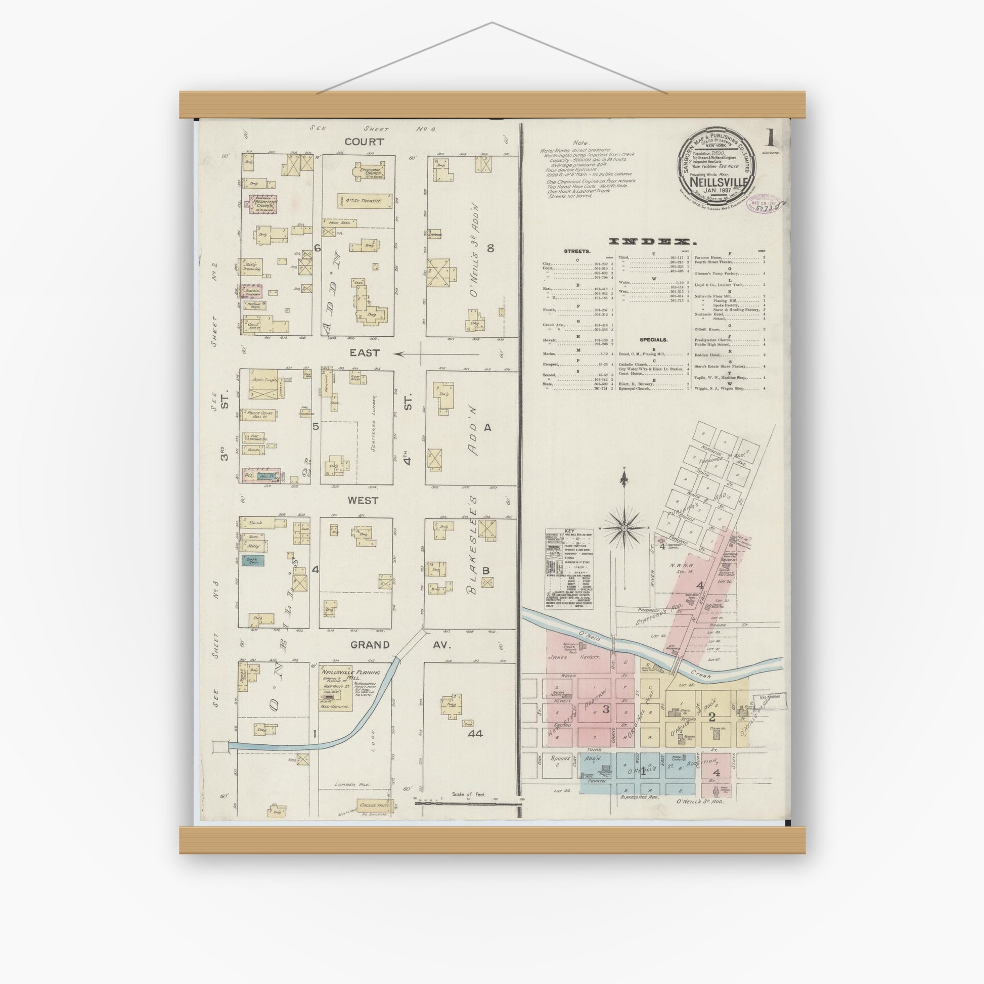 Old map wall art mockup — magnetic wood frame on white wall — Sanborn Fire Insurance Map from Neillsville, Clark County, Wisconsin (1887), Sheet #0001