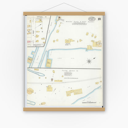 Old map wall art mockup — magnetic wood frame on white wall — Sanborn Fire Insurance Map from Monroe, Monroe County, Michigan (1908), Sheet #0018