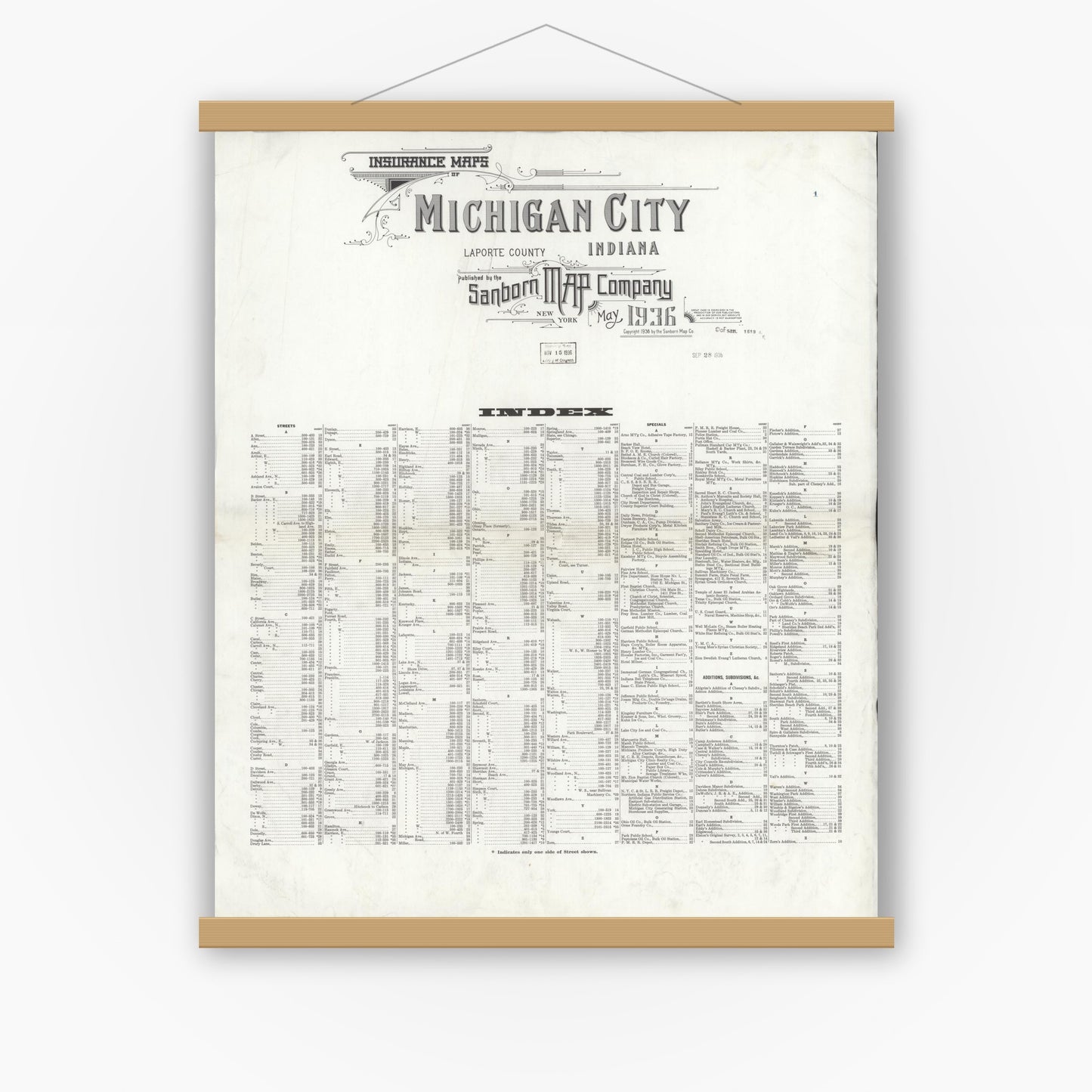 Old map wall art mockup — magnetic wood frame on white wall — Sanborn Fire Insurance Map from Michigan City, La Porte County, Indiana (1936), Sheet #0001