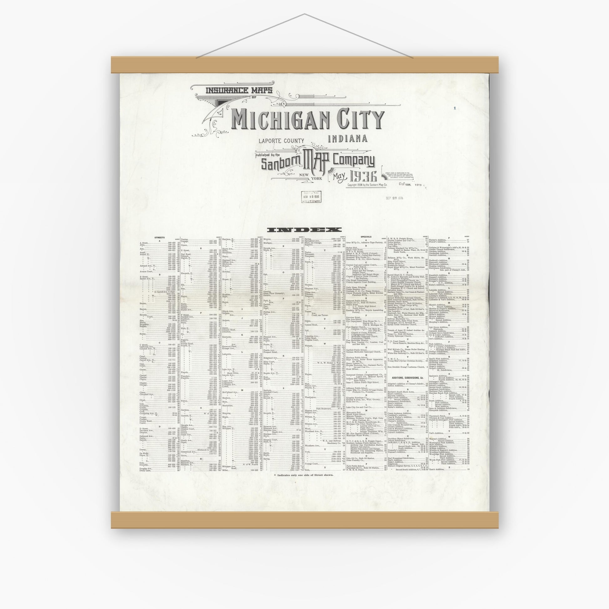 Old map wall art mockup — magnetic wood frame on white wall — Sanborn Fire Insurance Map from Michigan City, La Porte County, Indiana (1936), Sheet #0001