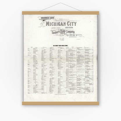 Old map wall art mockup — magnetic wood frame on white wall — Sanborn Fire Insurance Map from Michigan City, La Porte County, Indiana (1936), Sheet #0001