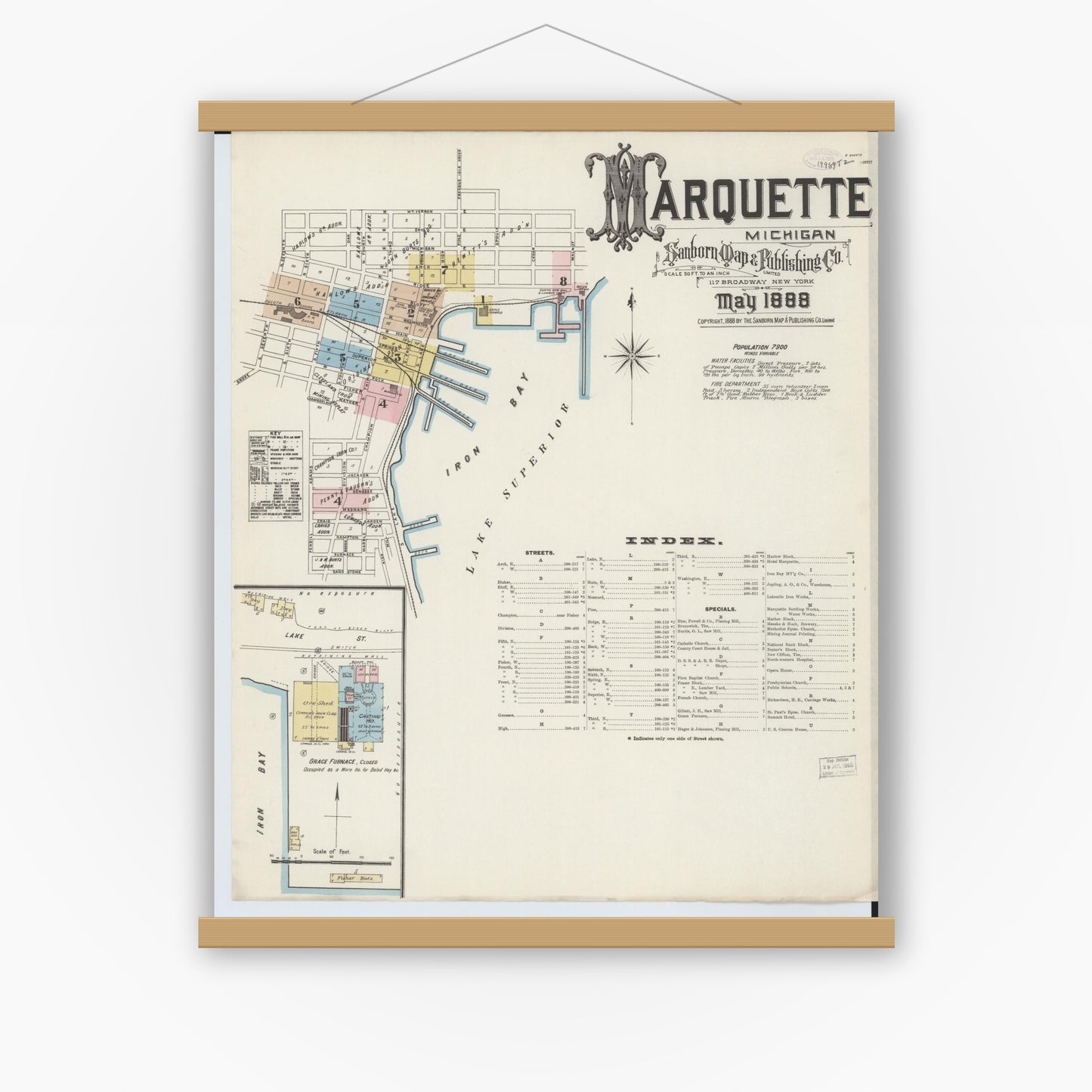 Old map wall art mockup — magnetic wood frame on white wall — Sanborn Fire Insurance Map from Marquette, Marquette County, Michigan (1888) - Complete Map Set