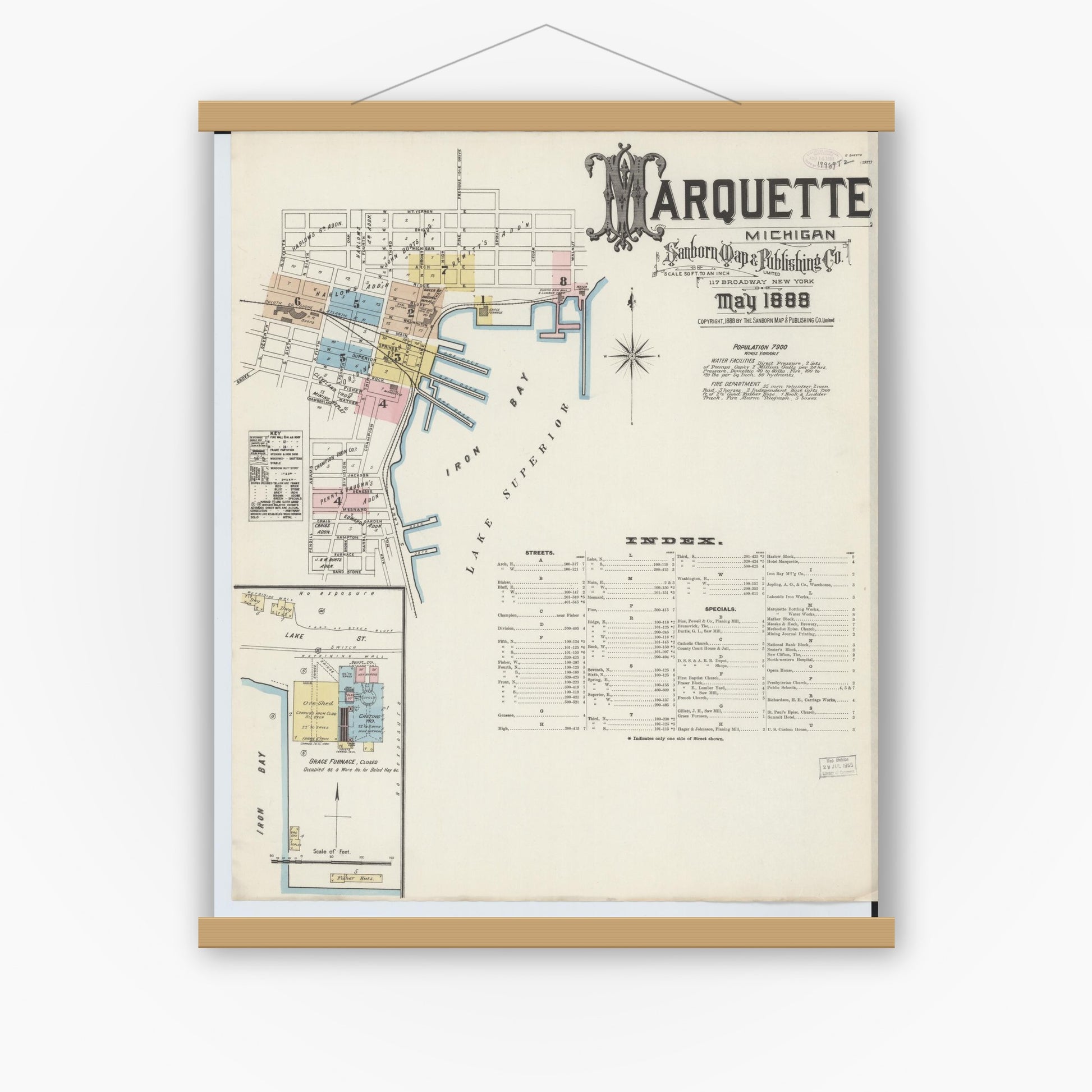 Old map wall art mockup — magnetic wood frame on white wall — Sanborn Fire Insurance Map from Marquette, Marquette County, Michigan (1888) - Complete Map Set