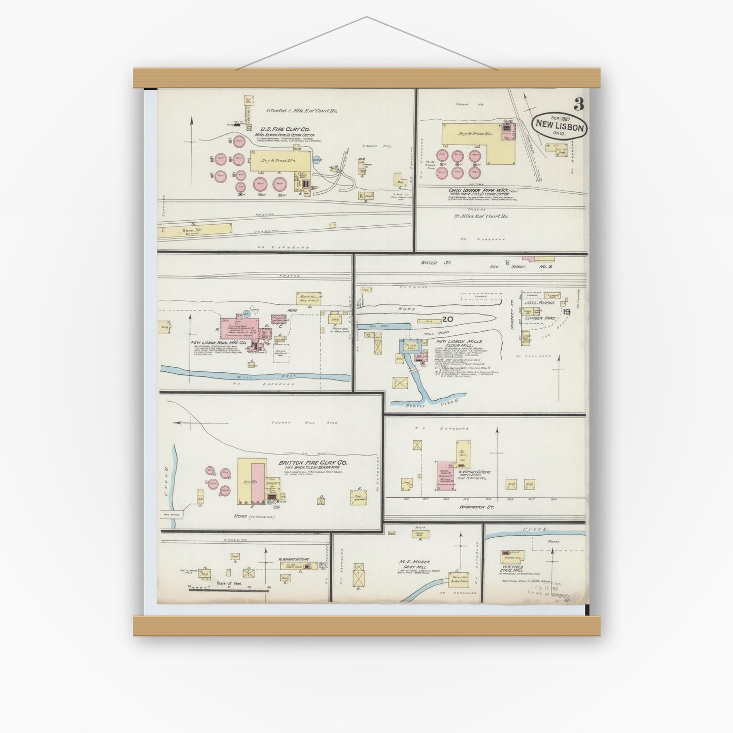 Old map wall art mockup — magnetic wood frame on white wall — Sanborn Fire Insurance Map from New Lisbon, Columbiana County, Ohio (1887), Sheet #0003