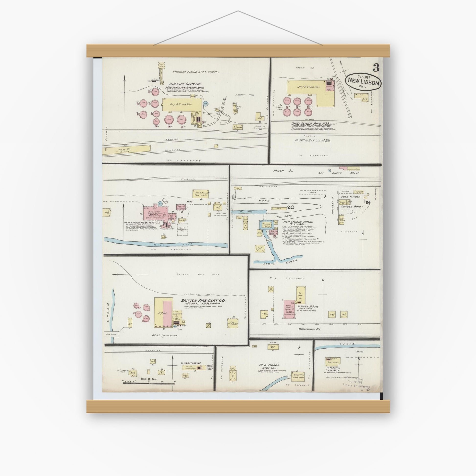 Old map wall art mockup — magnetic wood frame on white wall — Sanborn Fire Insurance Map from New Lisbon, Columbiana County, Ohio (1887), Sheet #0003