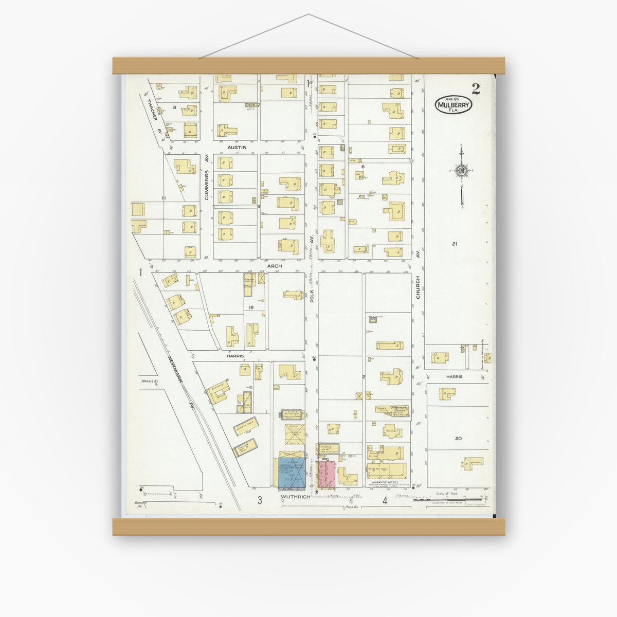 Old map wall art mockup — magnetic wood frame on white wall — Sanborn Fire Insurance Map from Mulberry, Polk County, Florida (1919), Sheet #0002