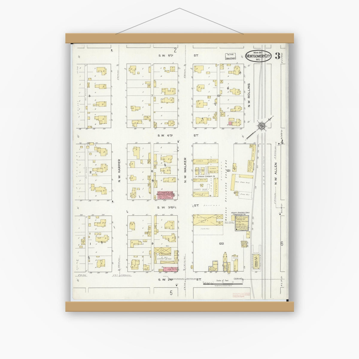 Old map wall art mockup — magnetic wood frame on white wall — Sanborn Fire Insurance Map from Montgomery City, Montgomery County, Missouri (1917), Sheet #0003