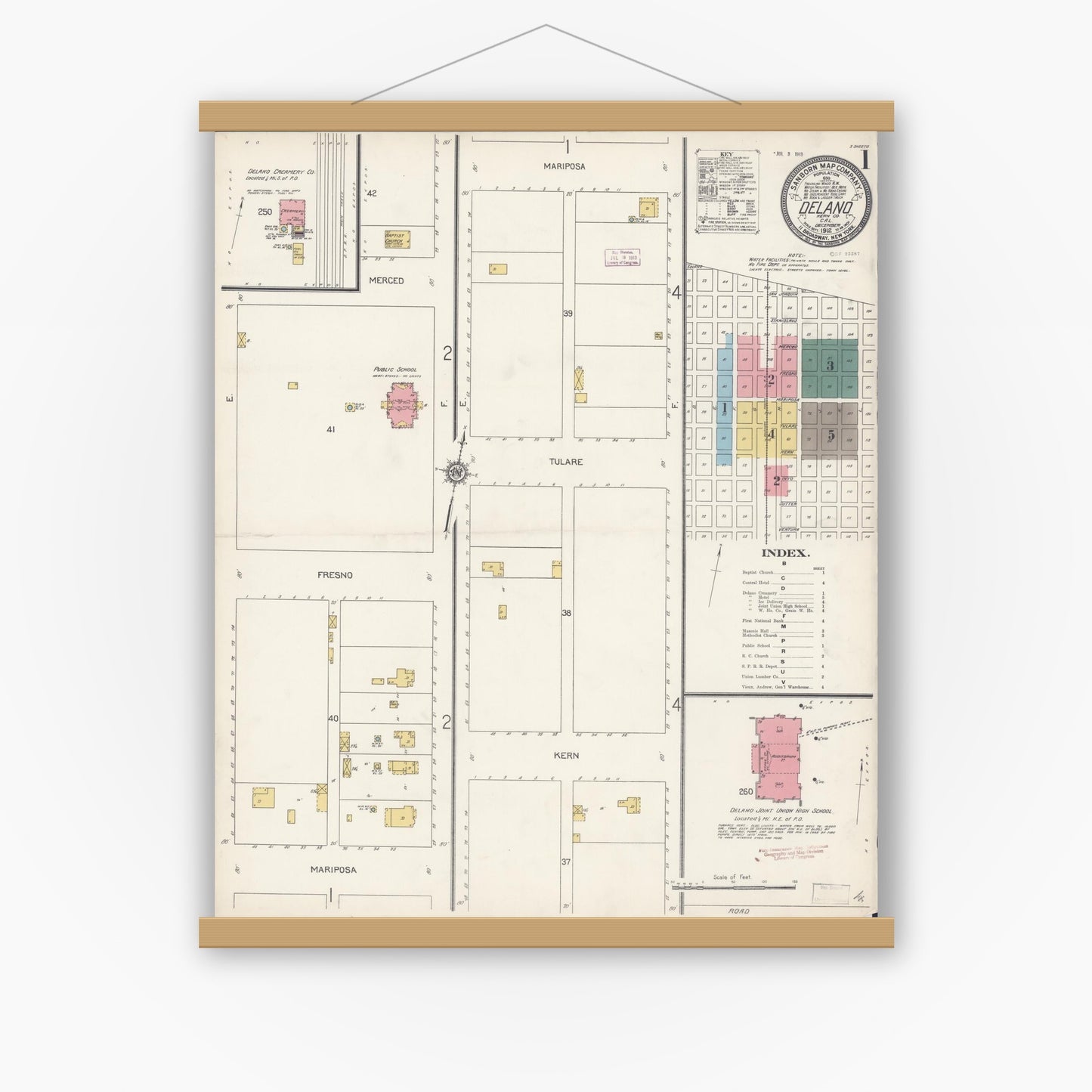 Old map wall art mockup — magnetic wood frame on white wall — Sanborn Fire Insurance Map from Delano, Kern County, California (1912) - Complete Map Set