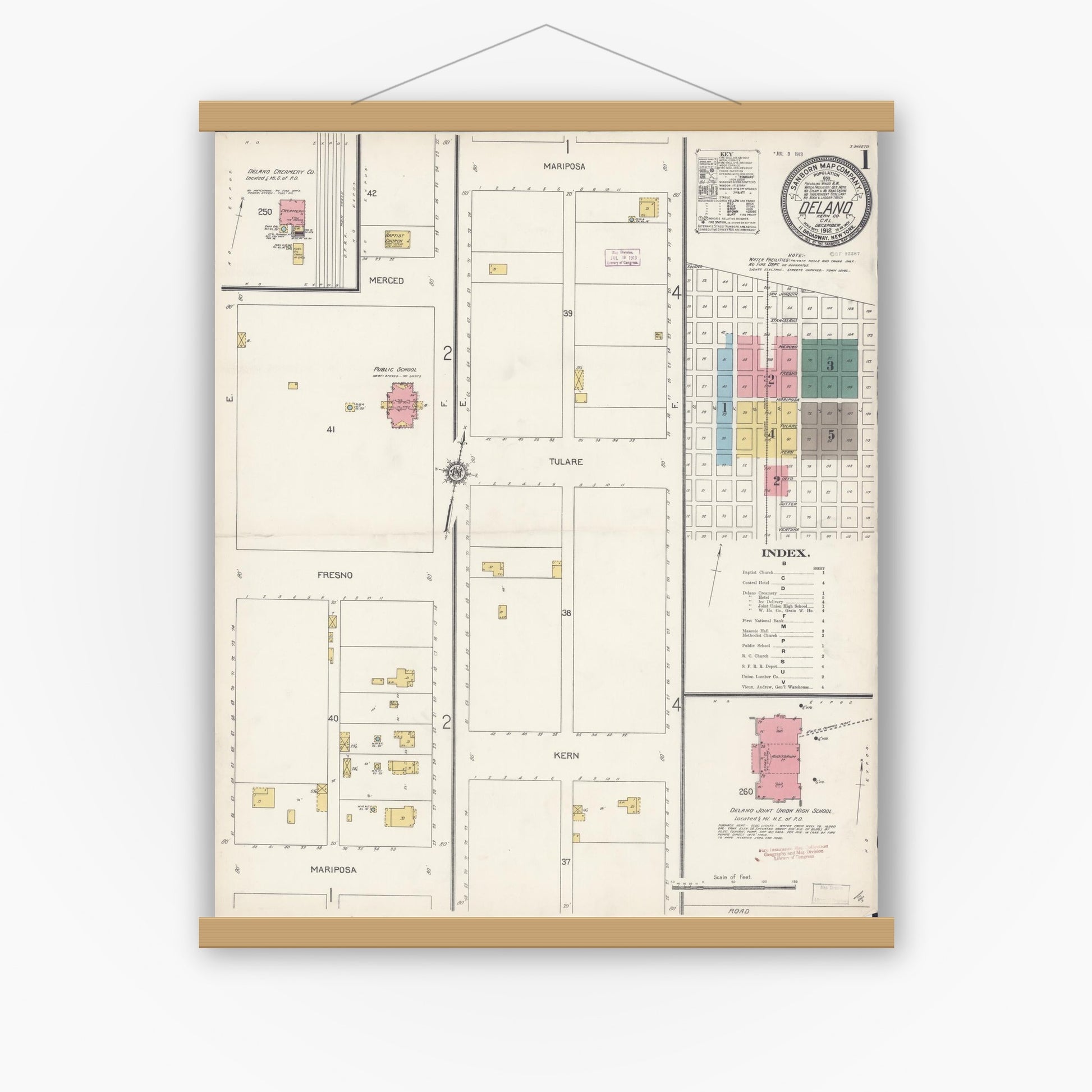 Old map wall art mockup — magnetic wood frame on white wall — Sanborn Fire Insurance Map from Delano, Kern County, California (1912) - Complete Map Set