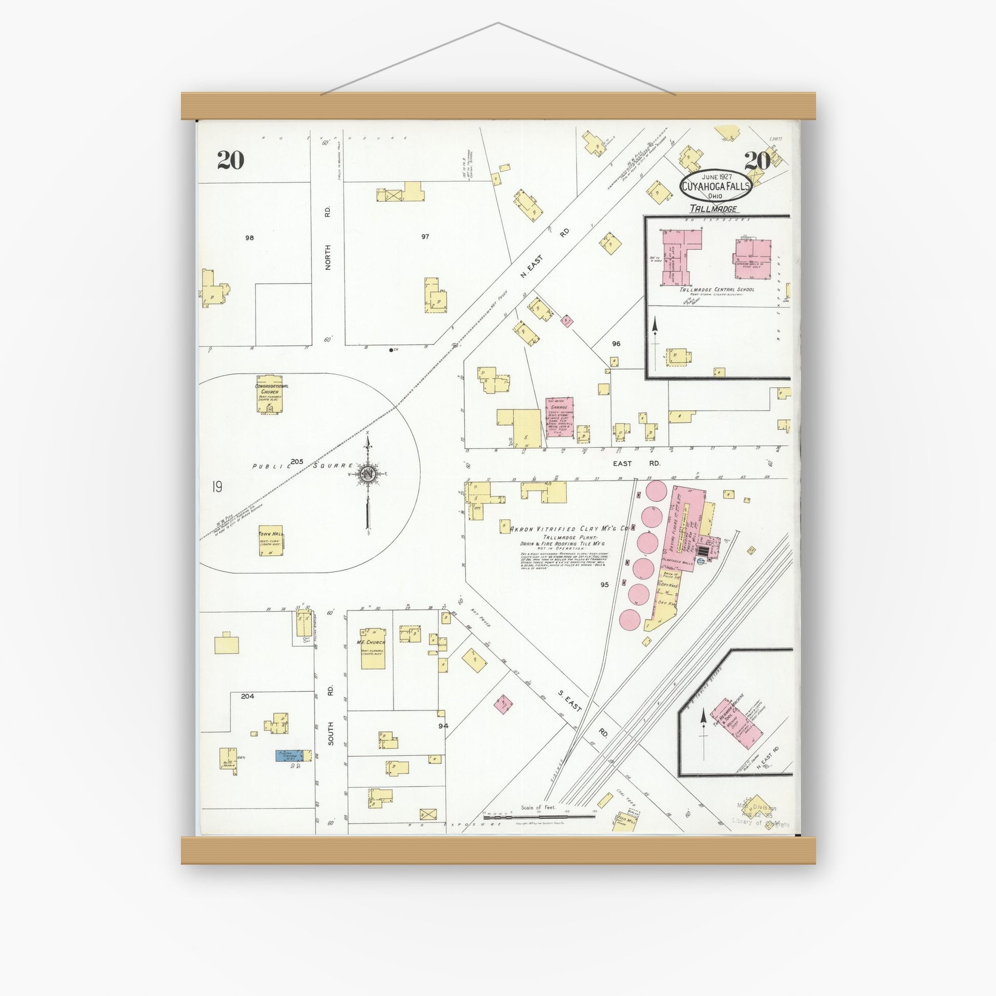 Old map wall art mockup — magnetic wood frame on white wall — Sanborn Fire Insurance Map from Cuyahoga Falls, Summit County, Ohio (1927), Sheet #0020