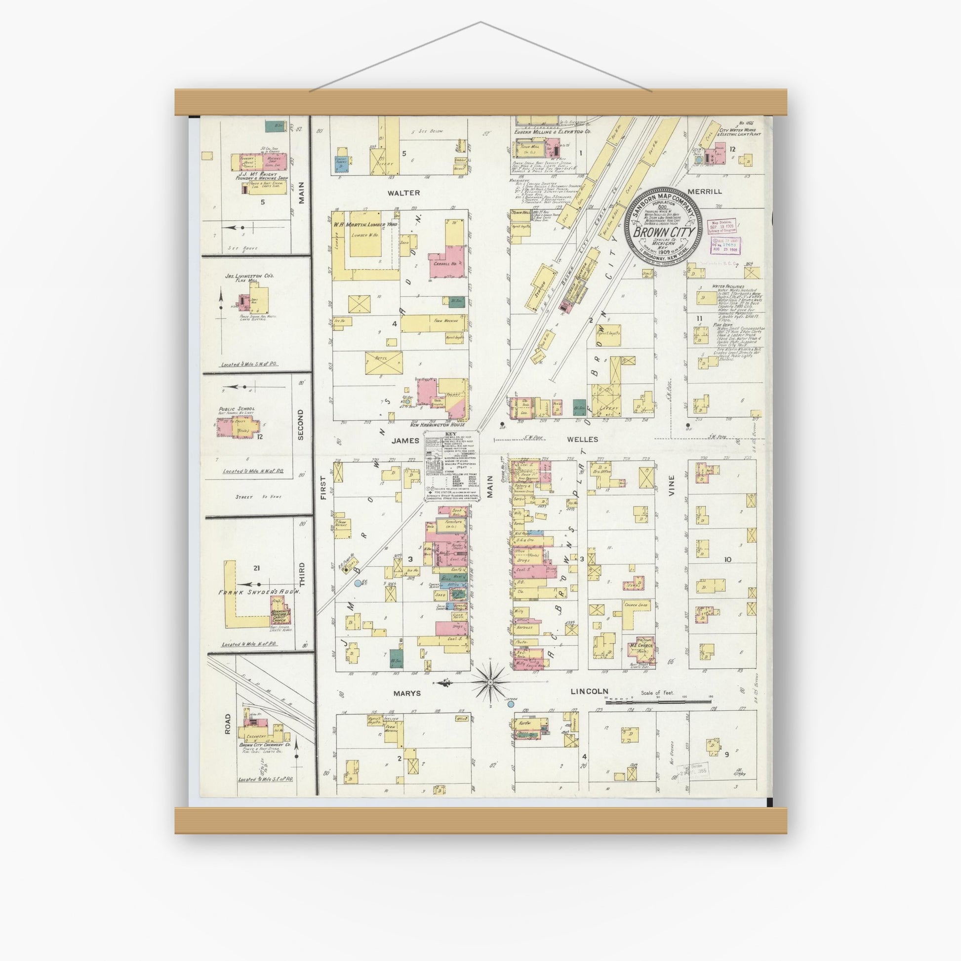 Old map wall art mockup — magnetic wood frame on white wall — Sanborn Fire Insurance Map from Brown City, Sanilac County, Michigan (1909), Sheet #0001
