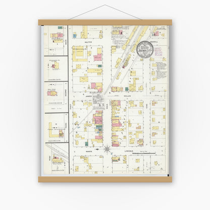 Old map wall art mockup — magnetic wood frame on white wall — Sanborn Fire Insurance Map from Brown City, Sanilac County, Michigan (1909), Sheet #0001