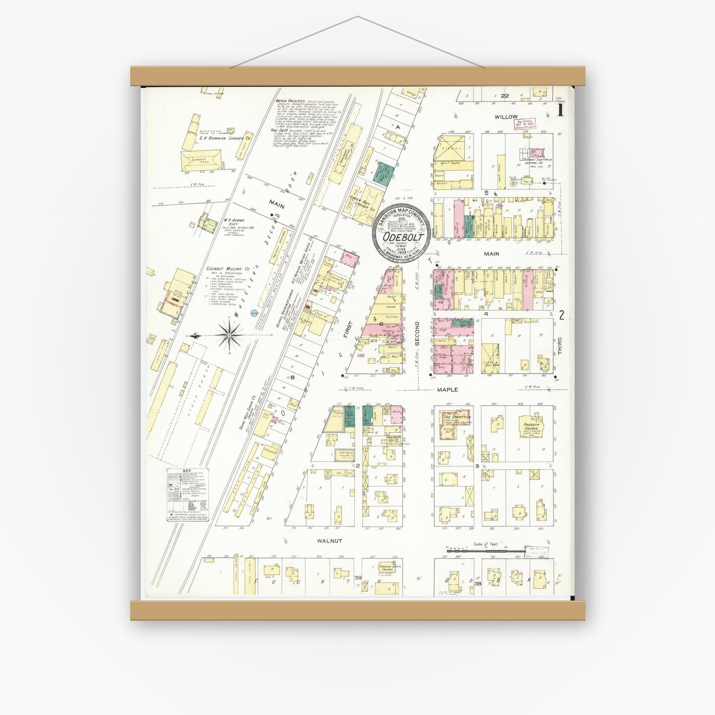 Old map wall art mockup — magnetic wood frame on white wall — Sanborn Fire Insurance Map from Odebolt, Sac County, Iowa (1909), Sheet #0001