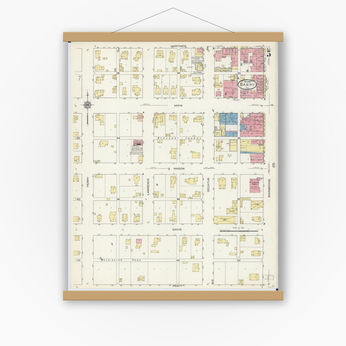 Old map wall art mockup — magnetic wood frame on white wall — Sanborn Fire Insurance Map from Barry, Pike County, Illinois (1913), Sheet #0005