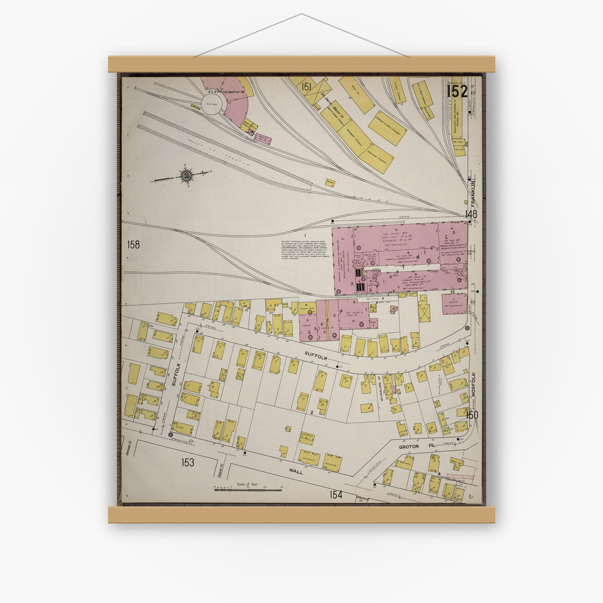 Old map wall art mockup — magnetic wood frame on white wall — Sanborn Fire Insurance Map from Worcester, Worcester County, Massachusetts (1910), Sheet #0152