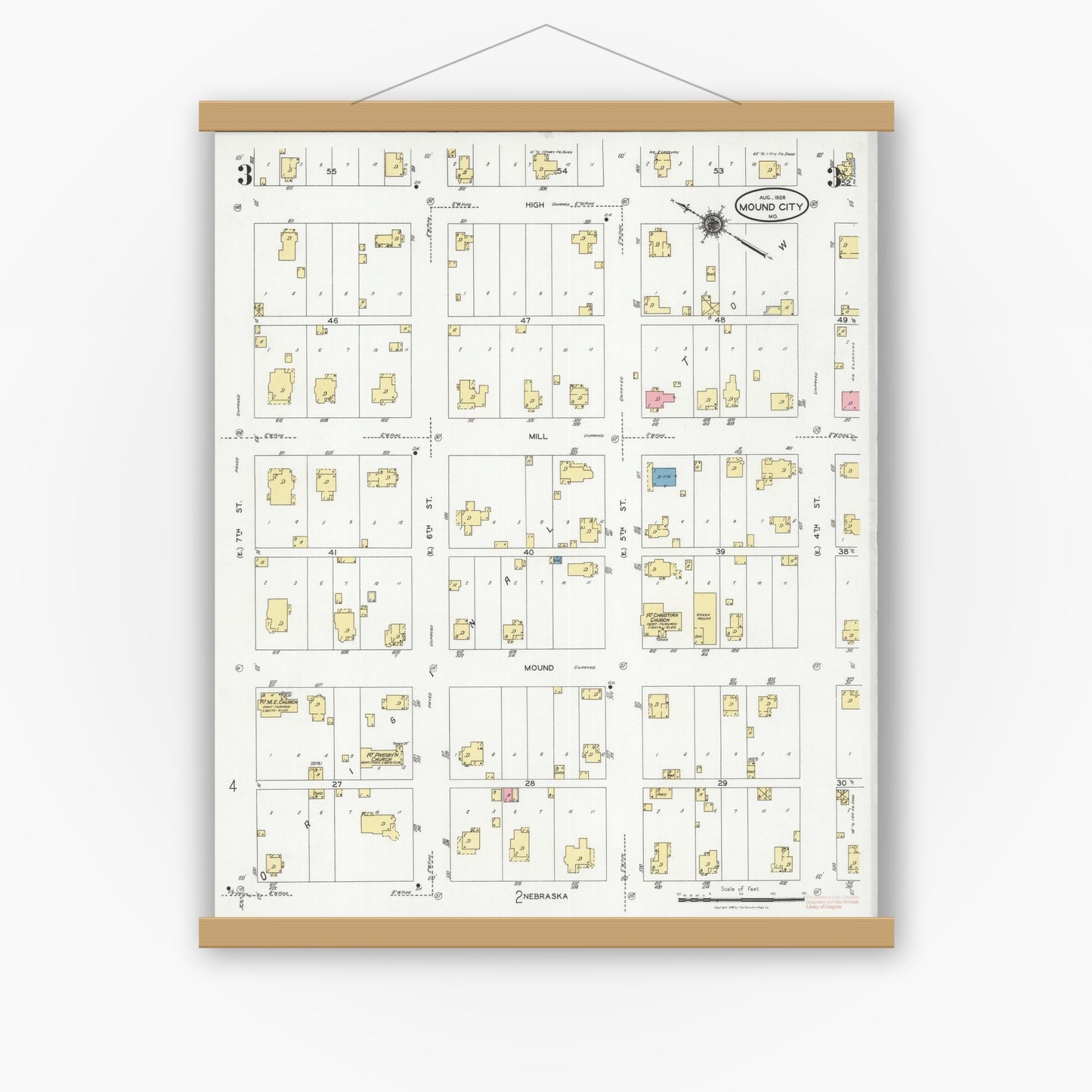 Old map wall art mockup — magnetic wood frame on white wall — Sanborn Fire Insurance Map from Mound City, Holt County, Missouri (1928), Sheet #0003