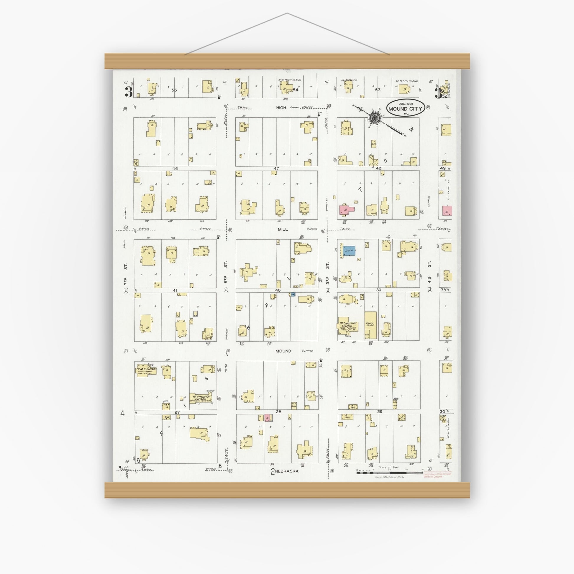 Old map wall art mockup — magnetic wood frame on white wall — Sanborn Fire Insurance Map from Mound City, Holt County, Missouri (1928), Sheet #0003
