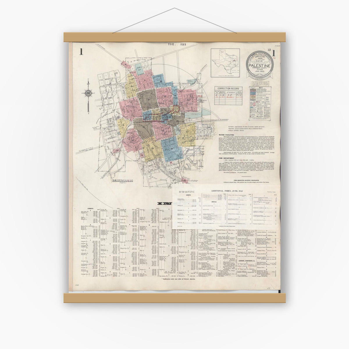 Old map wall art mockup — magnetic wood frame on white wall — Sanborn Fire Insurance Map from Palestine, Anderson County, Texas (1949) - Complete Map Set