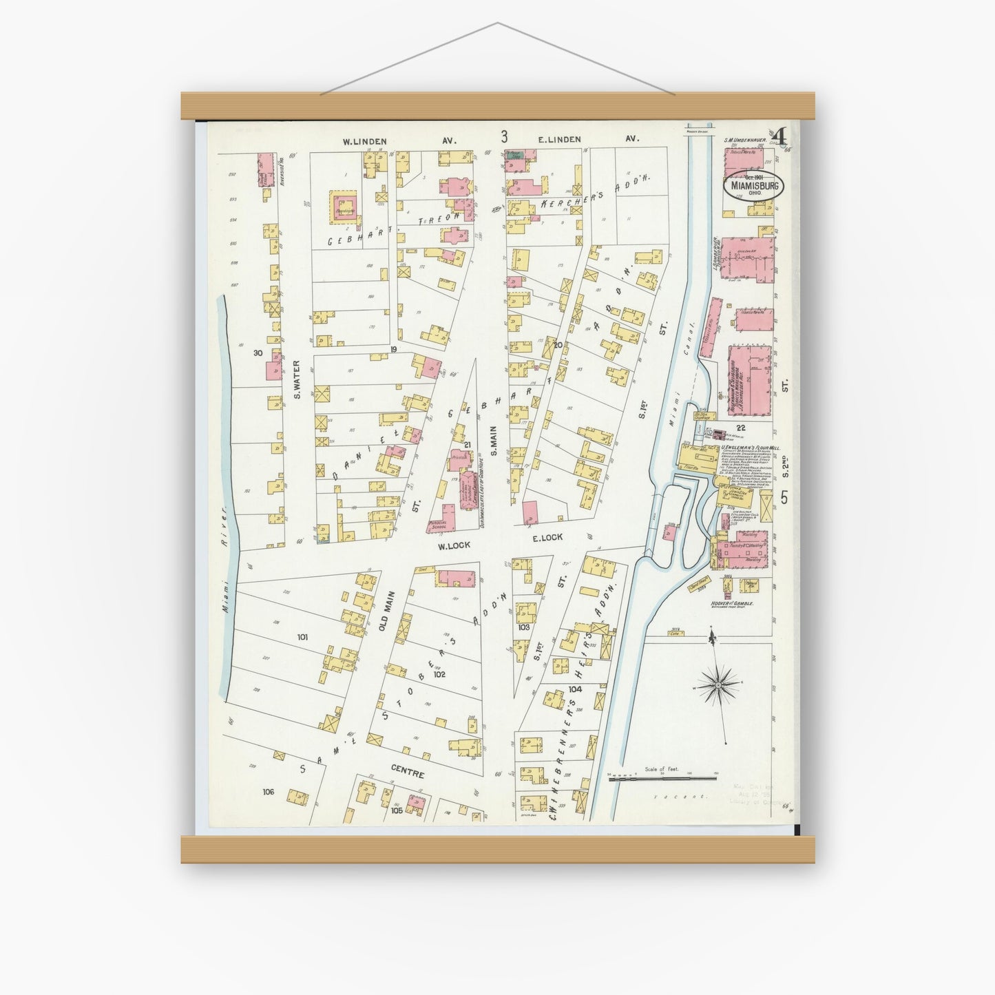Old map wall art mockup — magnetic wood frame on white wall — Sanborn Fire Insurance Map from Miamisburg, Montgomery County, Ohio (1901), Sheet #0004