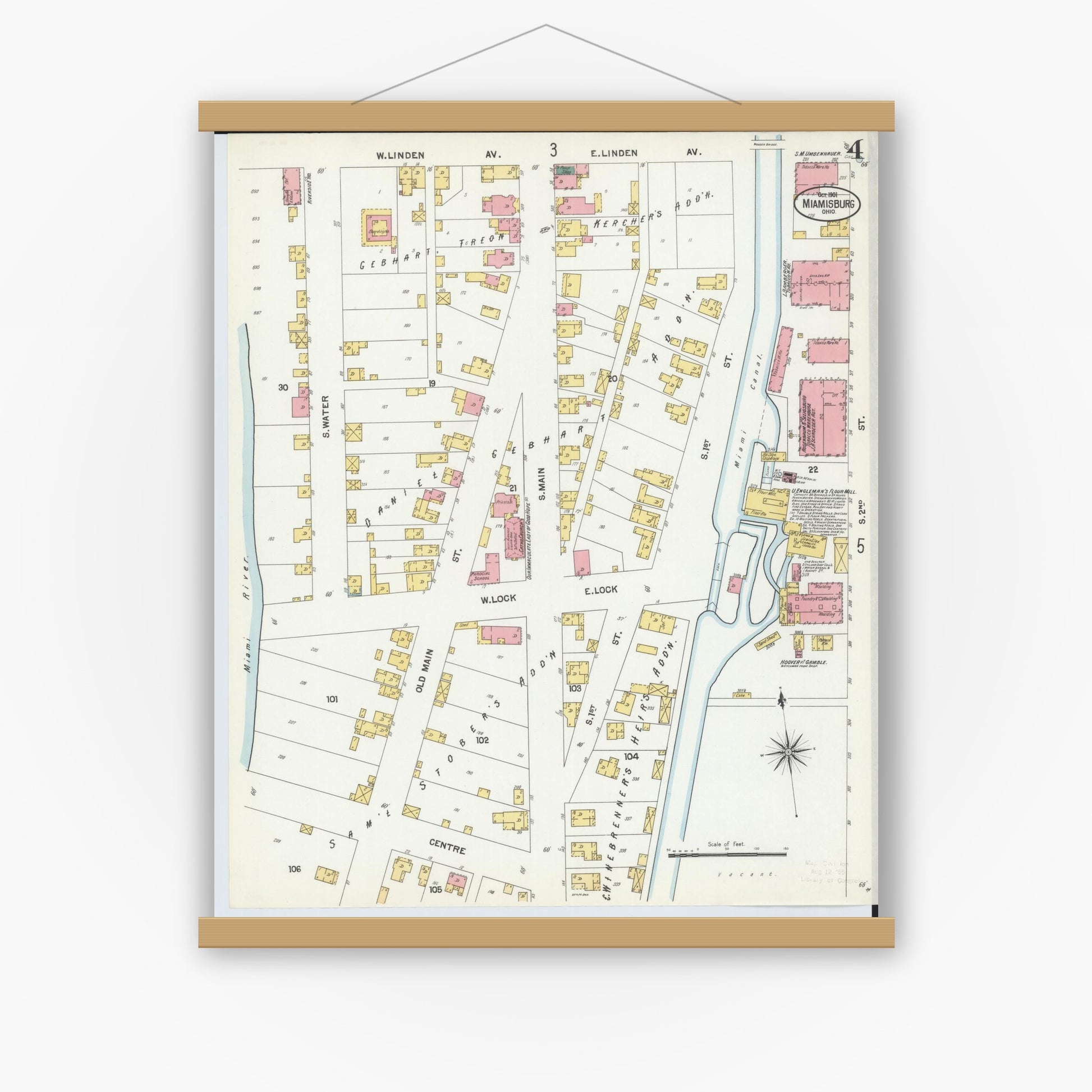 Old map wall art mockup — magnetic wood frame on white wall — Sanborn Fire Insurance Map from Miamisburg, Montgomery County, Ohio (1901), Sheet #0004