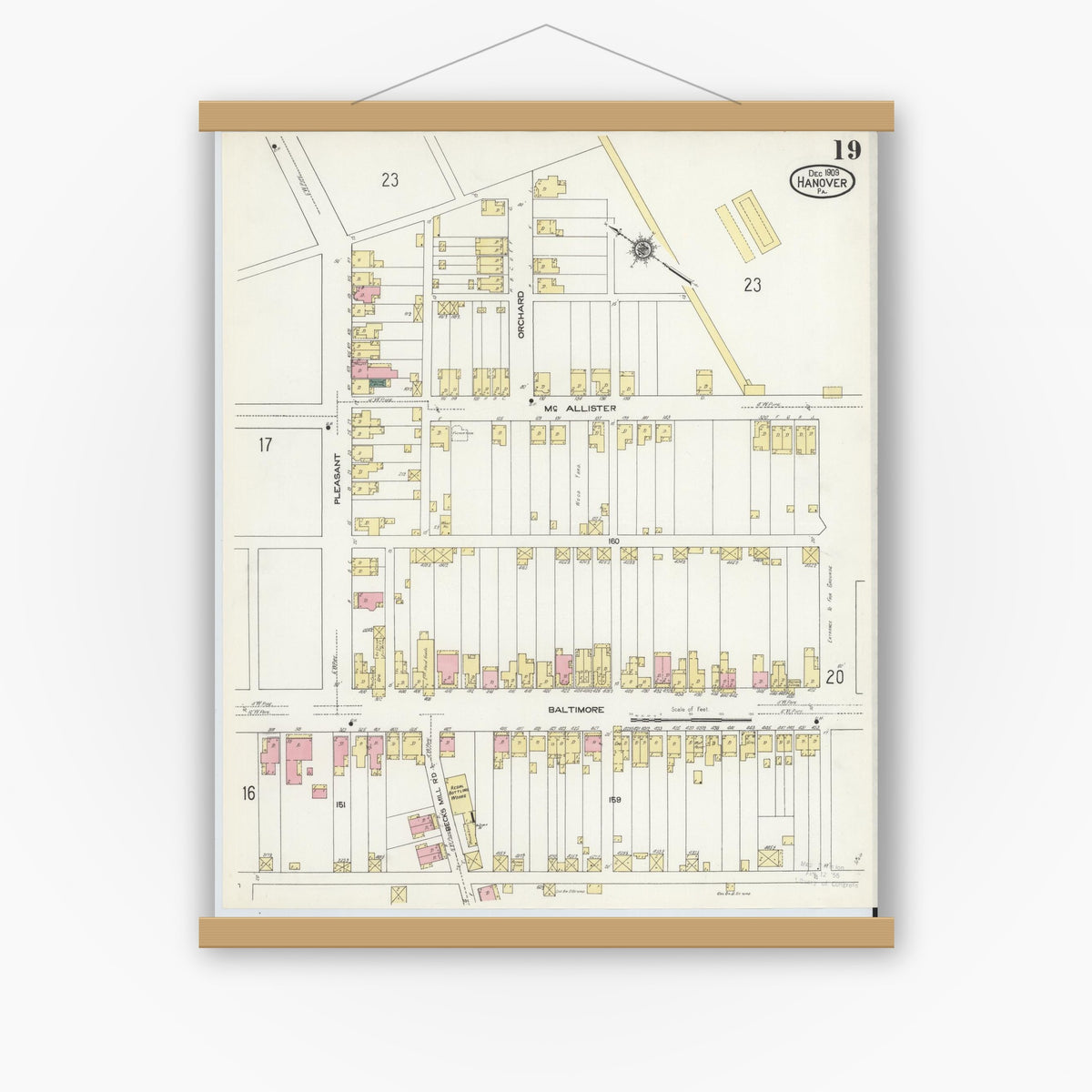 Old map wall art mockup — magnetic wood frame on white wall — Sanborn Fire Insurance Map from Hanover, York County, Pennsylvania (1909), Sheet #0019