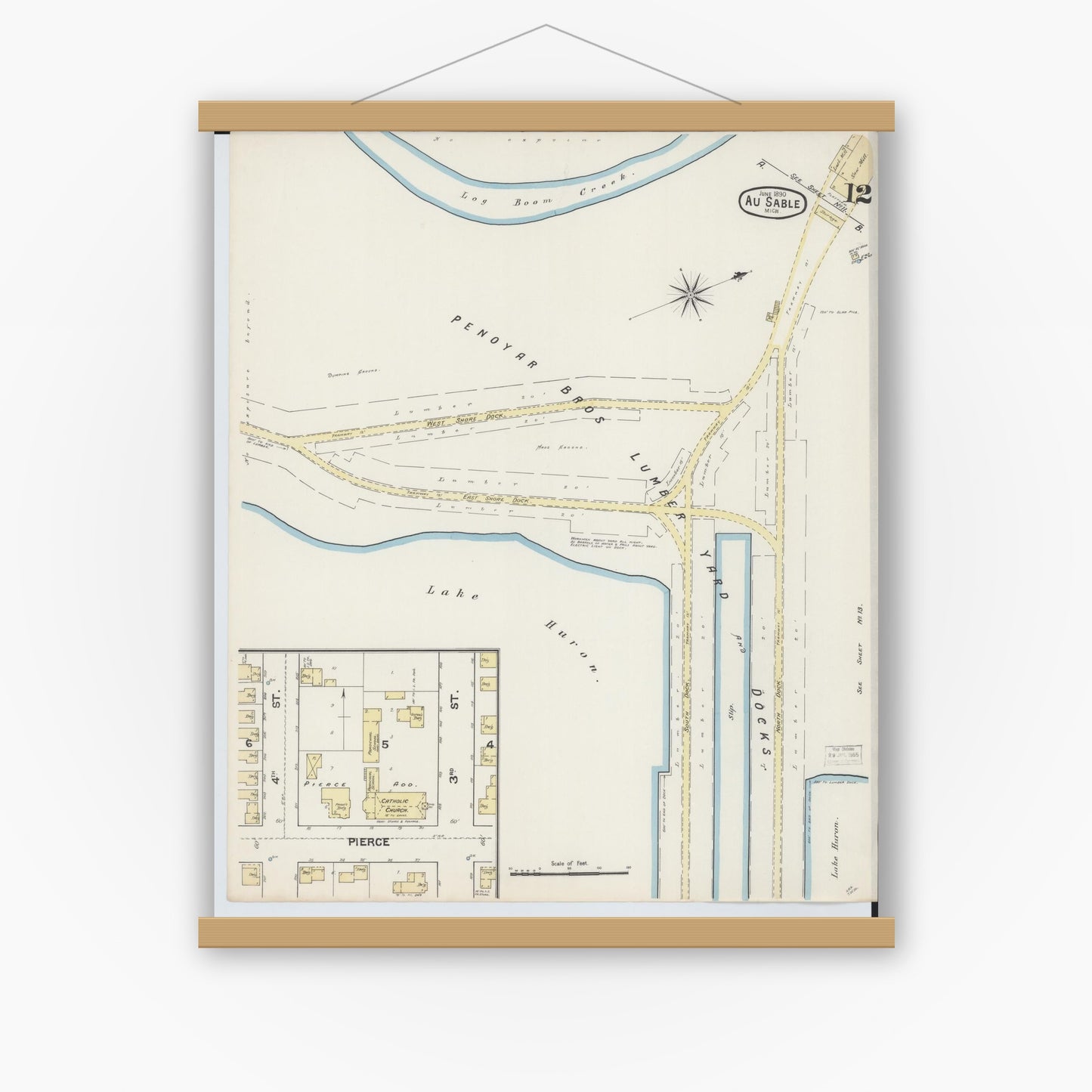 Old map wall art mockup — magnetic wood frame on white wall — Sanborn Fire Insurance Map from Oscoda, Iosco County, Michigan (1890), Sheet #0012